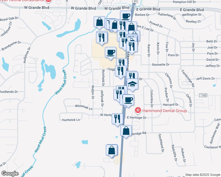map of restaurants, bars, coffee shops, grocery stores, and more near 200 Muller Garden Road in Tyler