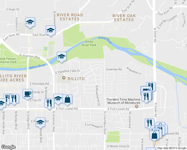map of restaurants, bars, coffee shops, grocery stores, and more near 4251 East Parting Waters Way in Tucson