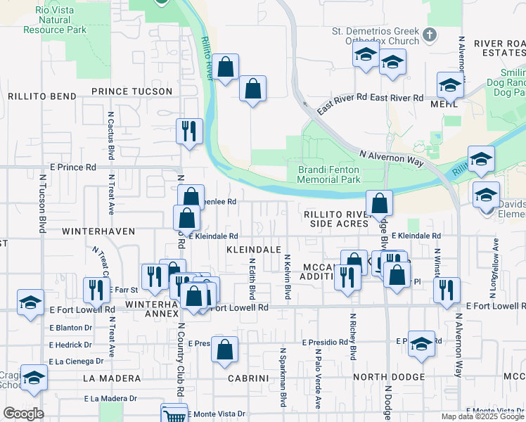 map of restaurants, bars, coffee shops, grocery stores, and more near 3430 North Edith Boulevard in Tucson