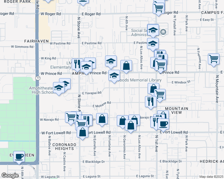 map of restaurants, bars, coffee shops, grocery stores, and more near 320 East Yavapai Road in Tucson