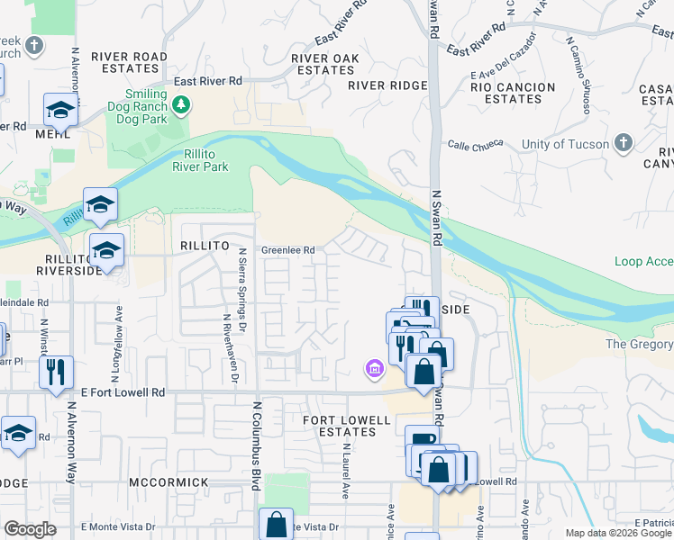 map of restaurants, bars, coffee shops, grocery stores, and more near 4478 East Caladium Place in Tucson