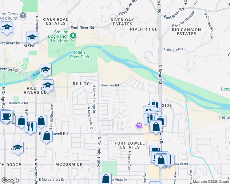 map of restaurants, bars, coffee shops, grocery stores, and more near 4362 East Sunnybrook Lane in Tucson