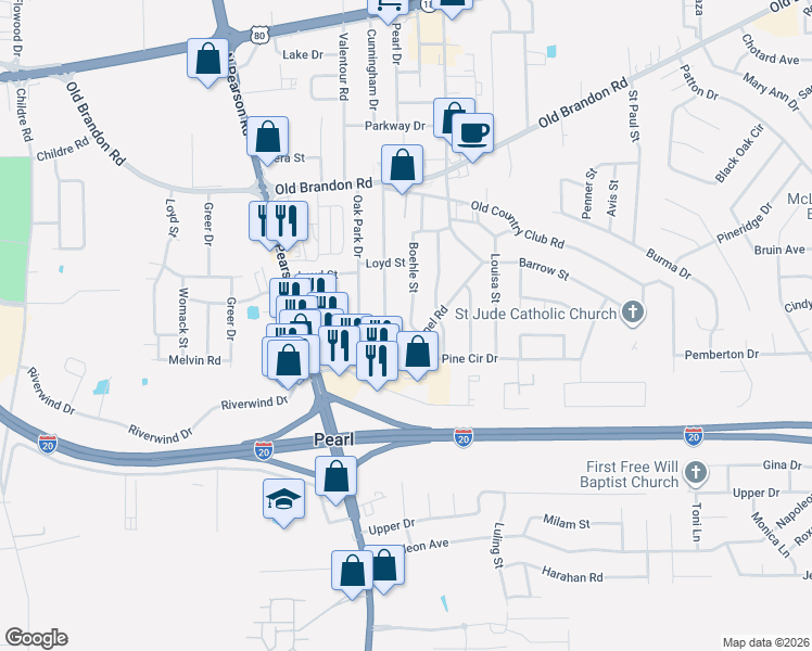 map of restaurants, bars, coffee shops, grocery stores, and more near 226 Pine Park Drive in Pearl