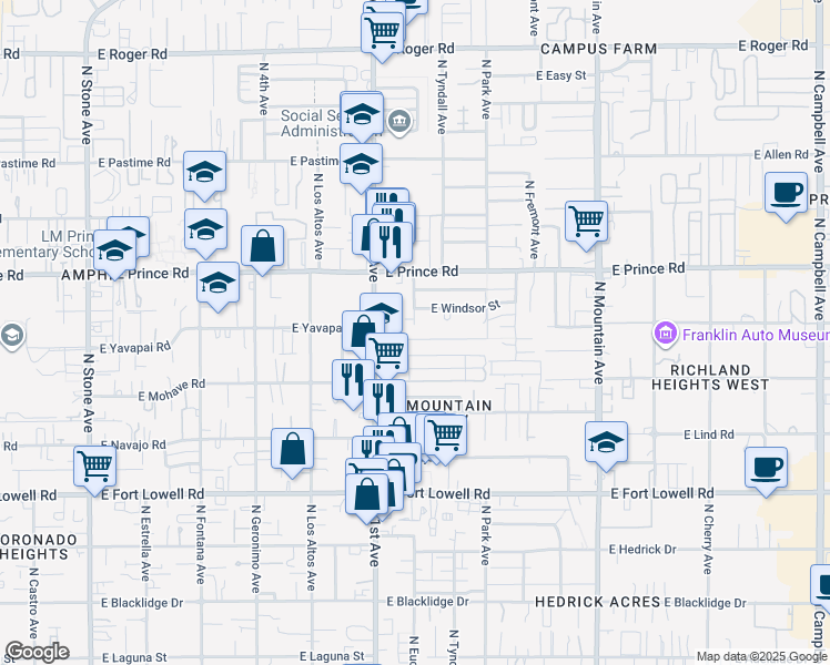 map of restaurants, bars, coffee shops, grocery stores, and more near 760 East Graybill Drive in Tucson
