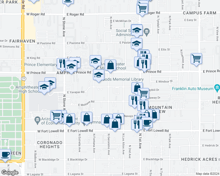 map of restaurants, bars, coffee shops, grocery stores, and more near 402 East Yavapai Road in Tucson