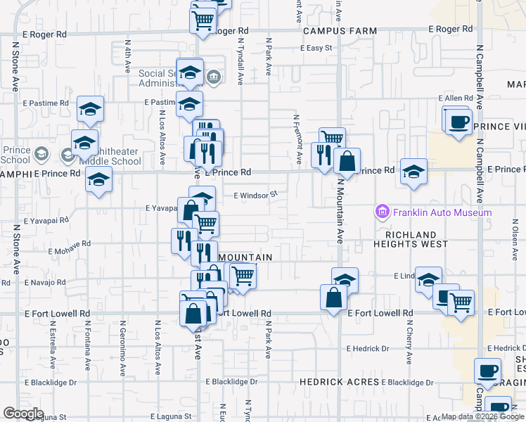 map of restaurants, bars, coffee shops, grocery stores, and more near 3455 North Fremont Avenue in Tucson