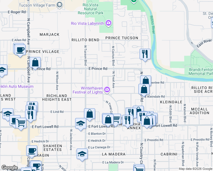 map of restaurants, bars, coffee shops, grocery stores, and more near in Tucson