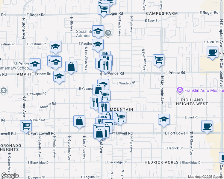 map of restaurants, bars, coffee shops, grocery stores, and more near 760 East Graybill Drive in Tucson