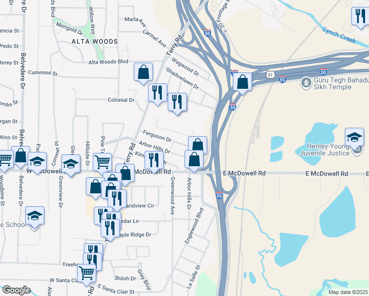map of restaurants, bars, coffee shops, grocery stores, and more near 250 Arbor Hills Drive in Jackson