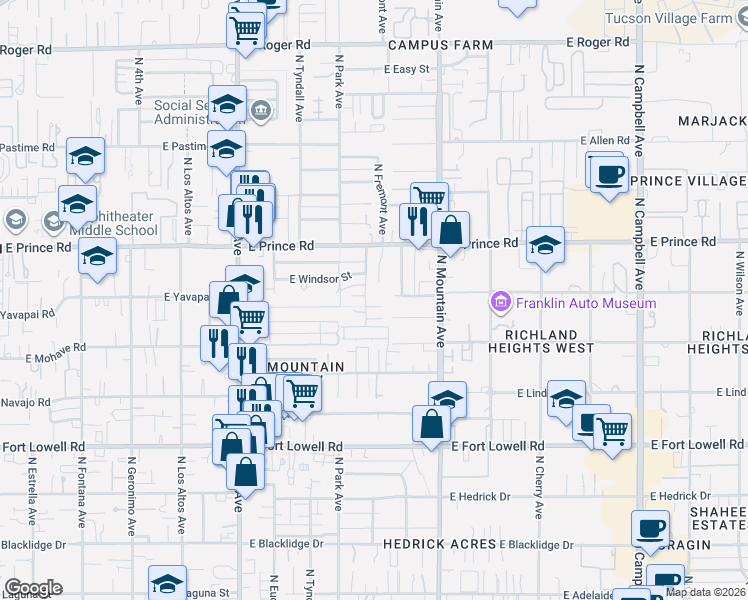 map of restaurants, bars, coffee shops, grocery stores, and more near 1114 East Greenlee Place in Tucson