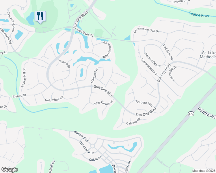 map of restaurants, bars, coffee shops, grocery stores, and more near 6 Wandering Daisy Drive in Okatie