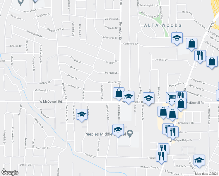 map of restaurants, bars, coffee shops, grocery stores, and more near 2527 Shepwood Drive in Jackson