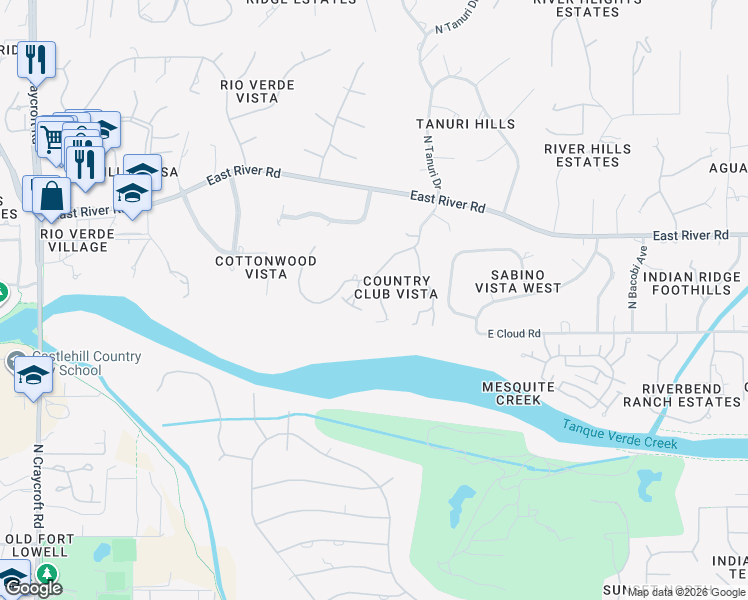 map of restaurants, bars, coffee shops, grocery stores, and more near 3441 North Country Club Vista Place in Tucson