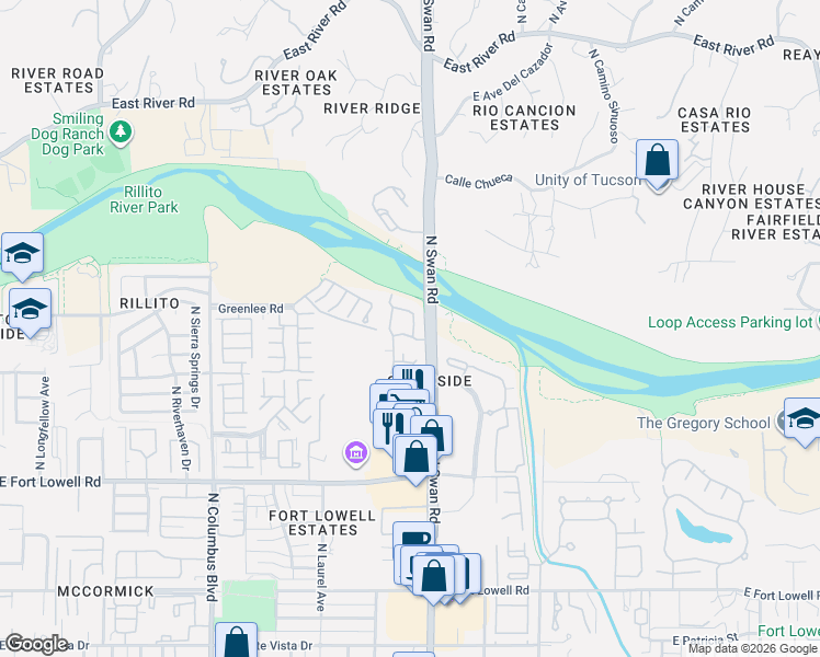 map of restaurants, bars, coffee shops, grocery stores, and more near 4653 East Avenue Los Vallecitos in Tucson