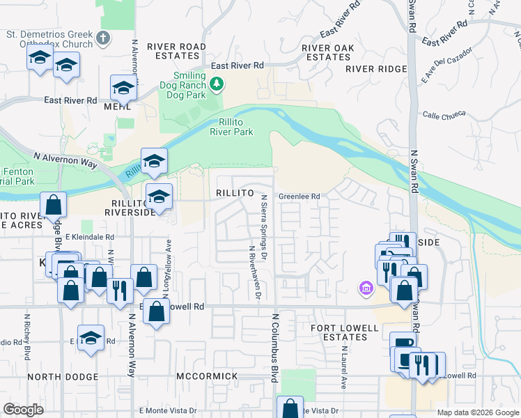 map of restaurants, bars, coffee shops, grocery stores, and more near 4251 East Parting Waters Way in Tucson