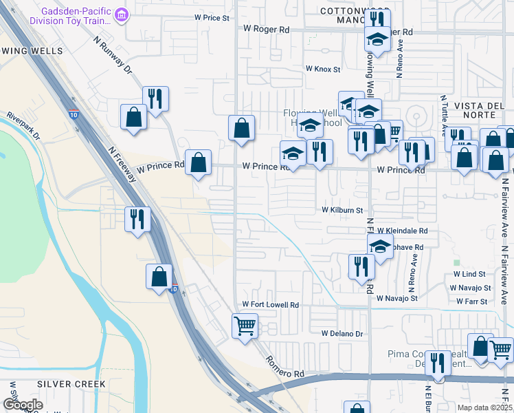 map of restaurants, bars, coffee shops, grocery stores, and more near 1641 West Kilburn Street in Tucson