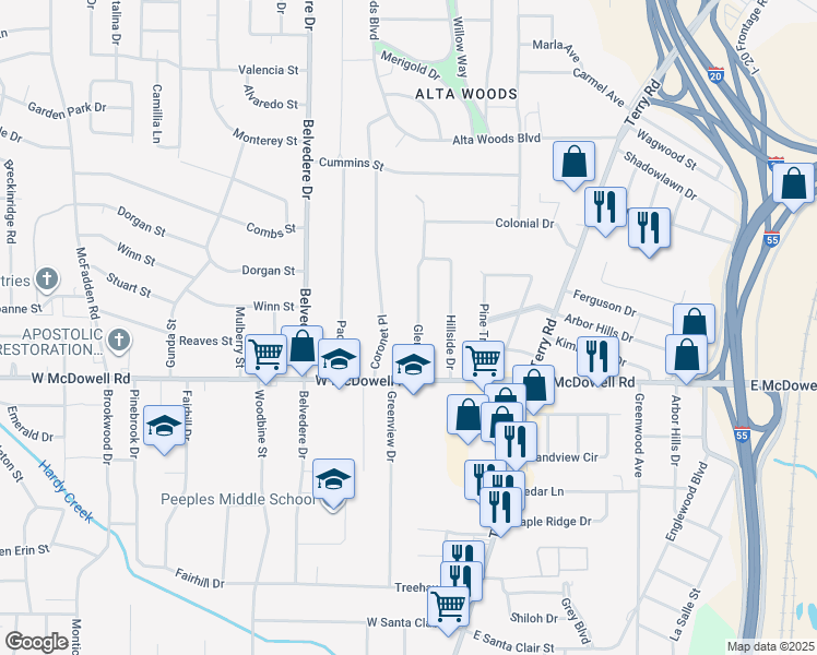 map of restaurants, bars, coffee shops, grocery stores, and more near 2743 Glenn Street in Jackson
