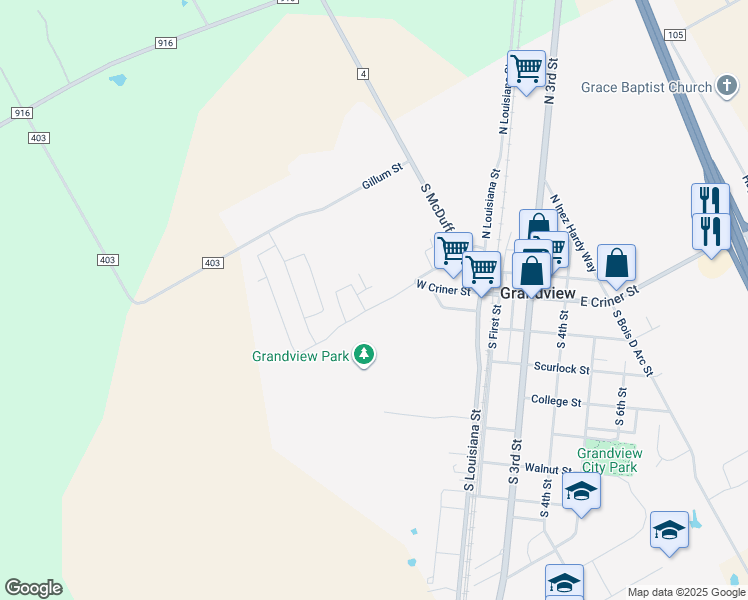 map of restaurants, bars, coffee shops, grocery stores, and more near 501 West Criner Street in Grandview