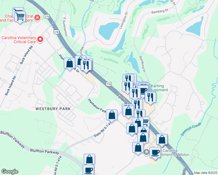 map of restaurants, bars, coffee shops, grocery stores, and more near Fording Island Road in Bluffton