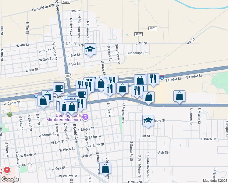 map of restaurants, bars, coffee shops, grocery stores, and more near 198 North Pearl Street in Deming