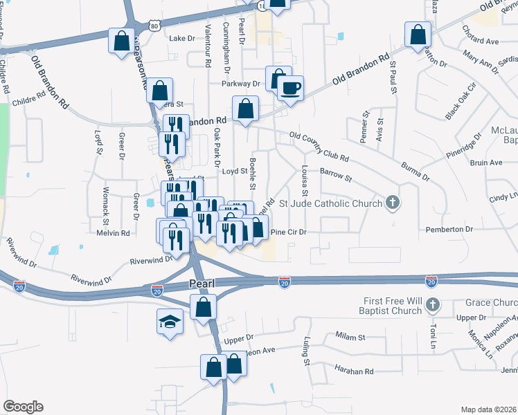 map of restaurants, bars, coffee shops, grocery stores, and more near 304 Lionel Road in Pearl