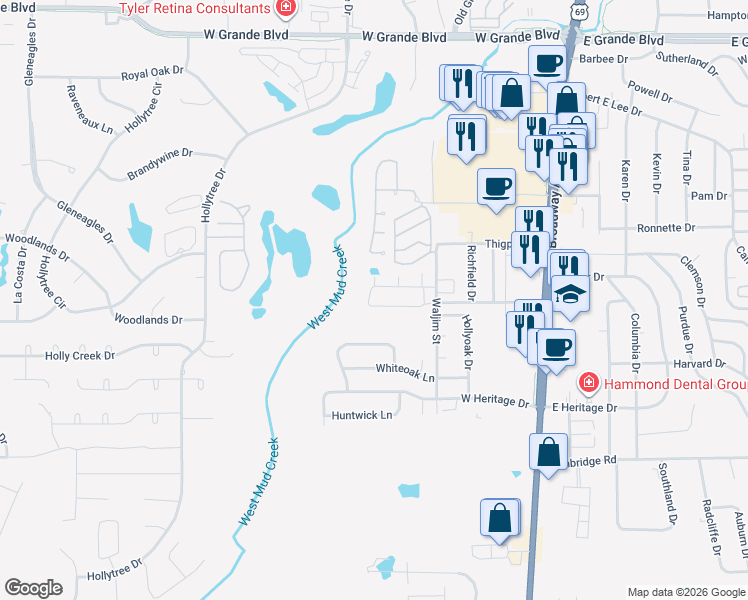 map of restaurants, bars, coffee shops, grocery stores, and more near 516 Preston Ridge Drive in Tyler