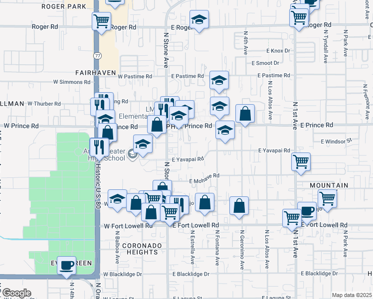 map of restaurants, bars, coffee shops, grocery stores, and more near 3550 North Estrella Avenue in Tucson