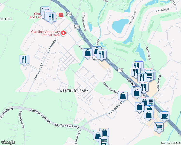 map of restaurants, bars, coffee shops, grocery stores, and more near 85 Kensington Boulevard in Bluffton
