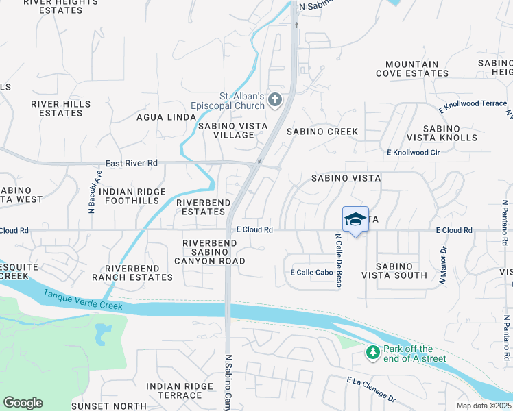 map of restaurants, bars, coffee shops, grocery stores, and more near 3500 North Sabino Canyon Road in Tucson