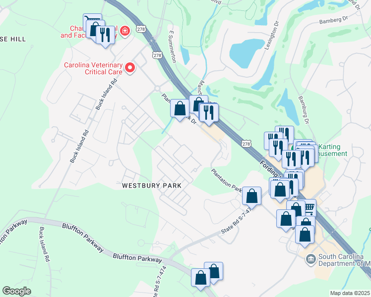 map of restaurants, bars, coffee shops, grocery stores, and more near 100 Kensington Boulevard in Bluffton