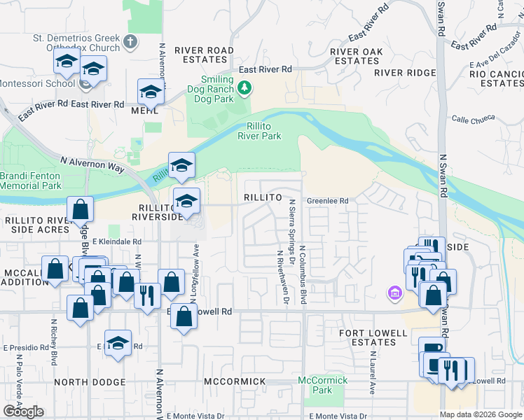 map of restaurants, bars, coffee shops, grocery stores, and more near 4182 East Boulder Springs Way in Tucson