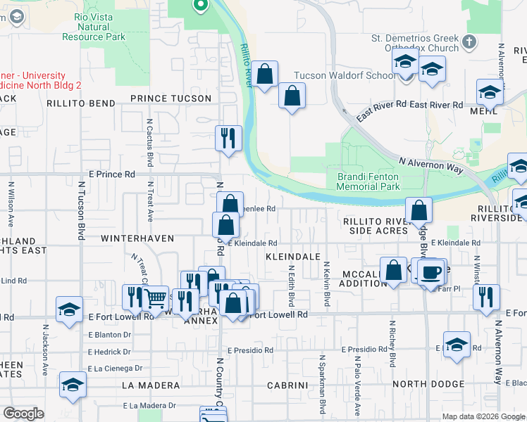 map of restaurants, bars, coffee shops, grocery stores, and more near 3202 East Greenlee Road in Tucson