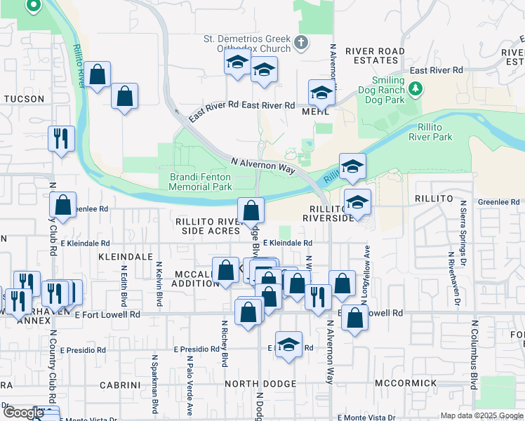 map of restaurants, bars, coffee shops, grocery stores, and more near 3450 North Dodge Boulevard in Tucson