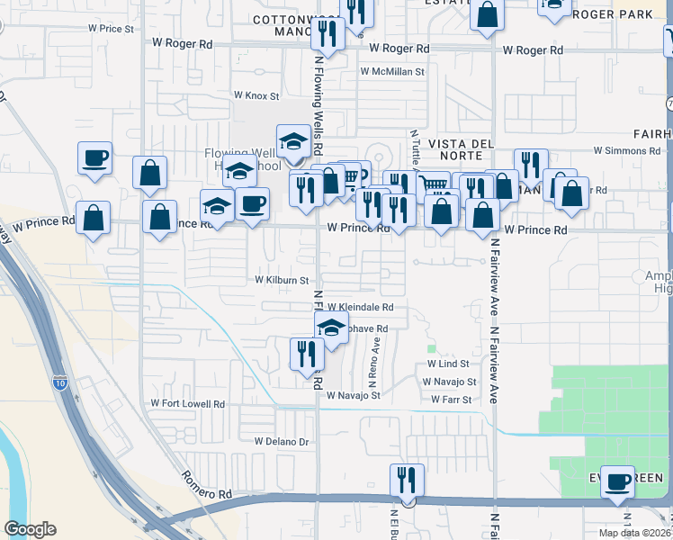 map of restaurants, bars, coffee shops, grocery stores, and more near 1343 West Prince Road in Tucson