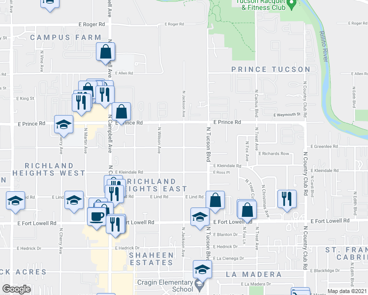 map of restaurants, bars, coffee shops, grocery stores, and more near East Greenlee Road & North Jackson Avenue in Tucson