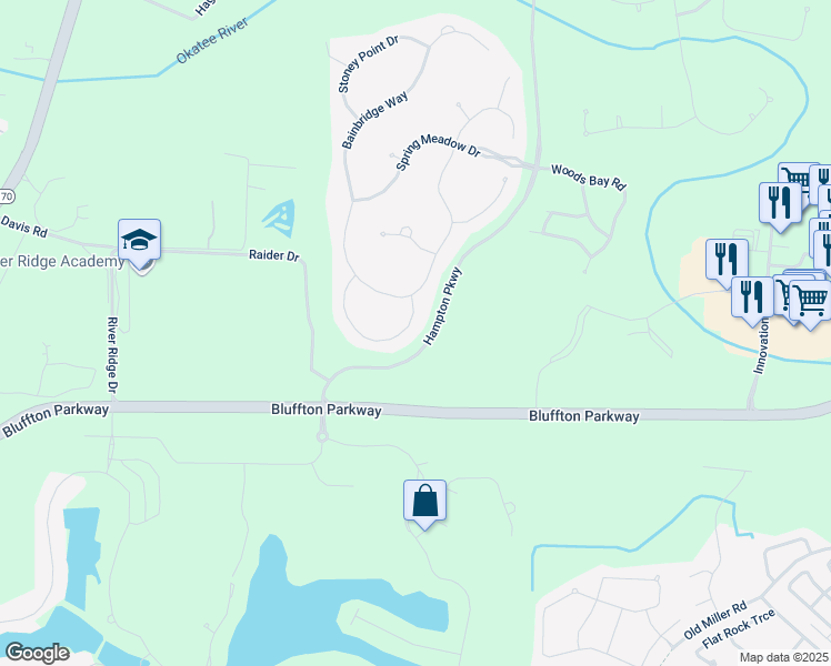 map of restaurants, bars, coffee shops, grocery stores, and more near 4 Rosewood Lane in Bluffton