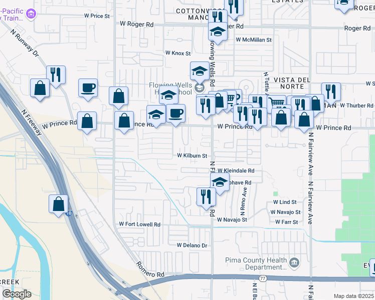 map of restaurants, bars, coffee shops, grocery stores, and more near 1455 West Prince Road in Tucson