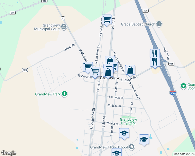 map of restaurants, bars, coffee shops, grocery stores, and more near East Criner Street in Grandview