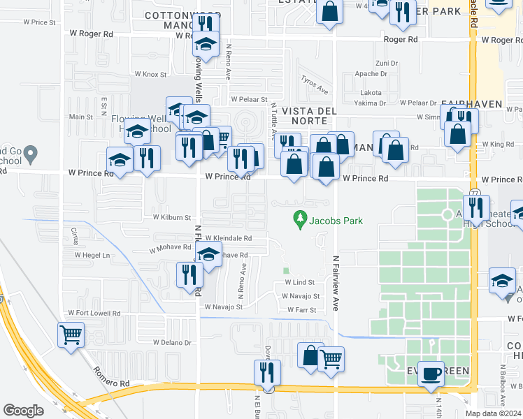 map of restaurants, bars, coffee shops, grocery stores, and more near 1135w West Prince Road in Tucson