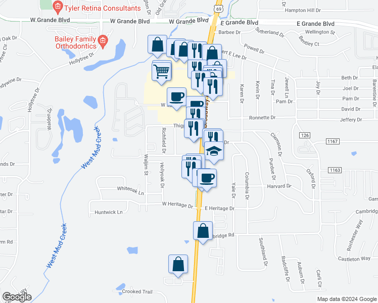 map of restaurants, bars, coffee shops, grocery stores, and more near 202 Thigpen Drive in Tyler