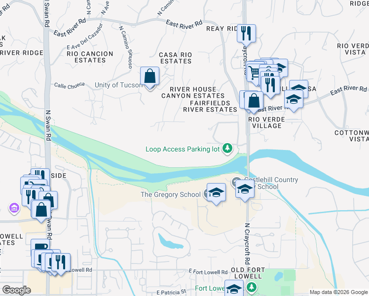 map of restaurants, bars, coffee shops, grocery stores, and more near 5240 East River House Road in Tucson