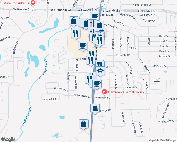 map of restaurants, bars, coffee shops, grocery stores, and more near 202 Thigpen Drive in Tyler