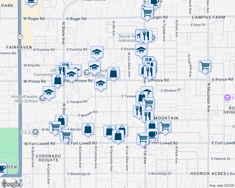 map of restaurants, bars, coffee shops, grocery stores, and more near 3542 North Geronimo Avenue in Tucson