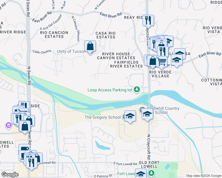 map of restaurants, bars, coffee shops, grocery stores, and more near 5240 East River House Road in Tucson