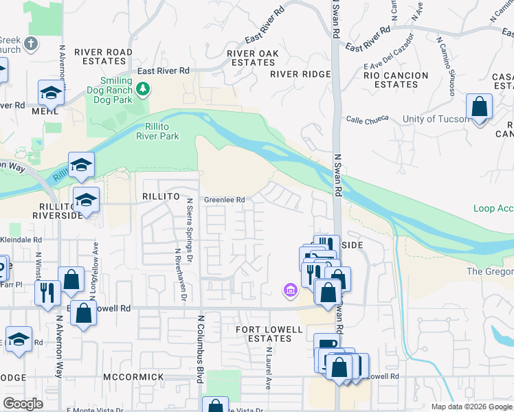 map of restaurants, bars, coffee shops, grocery stores, and more near 4455 East Dianthus Place in Tucson