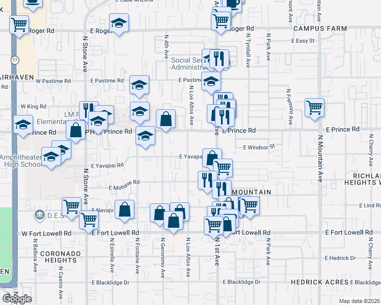 map of restaurants, bars, coffee shops, grocery stores, and more near 3519 North Los Altos Avenue in Tucson
