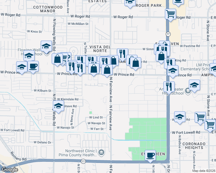 map of restaurants, bars, coffee shops, grocery stores, and more near 3450 N Fairview Ave in Tucson