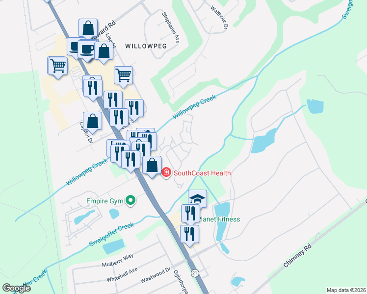 map of restaurants, bars, coffee shops, grocery stores, and more near 1057 Wadley Circle in Rincon