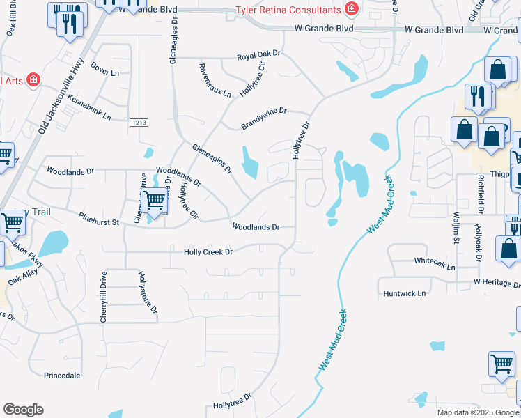 map of restaurants, bars, coffee shops, grocery stores, and more near 7208 Pinetree Place in Tyler
