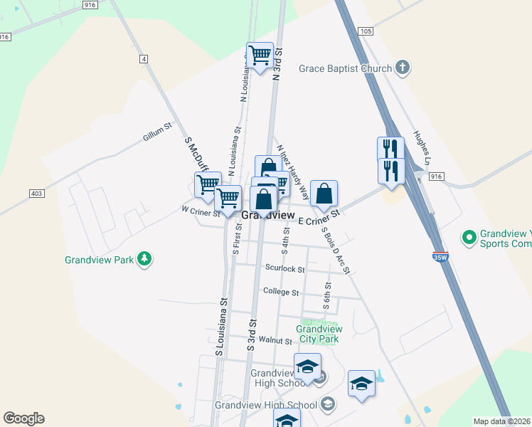 map of restaurants, bars, coffee shops, grocery stores, and more near in Grandview